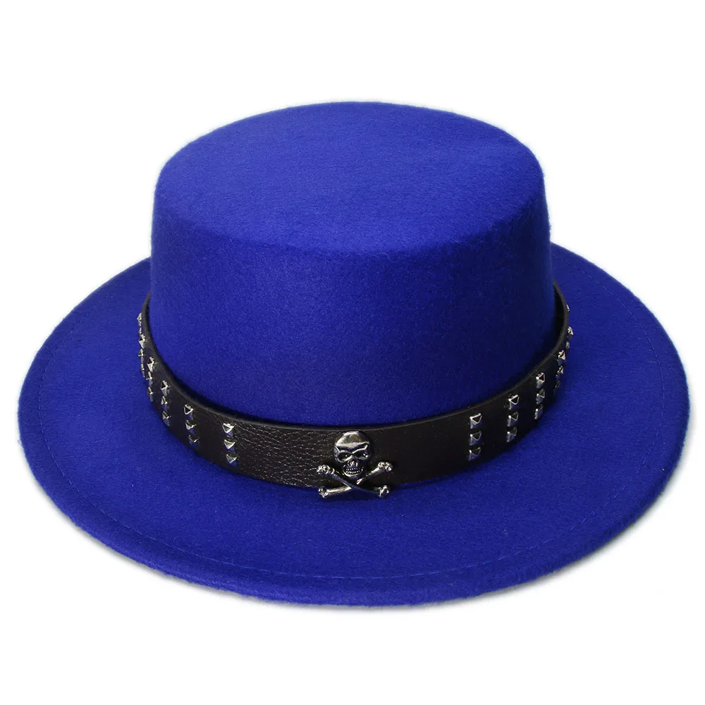 LUCKYLIANJI Women Men Vintage 100% Wool Wide Brim Top Cap Pork Pie Pork-pie Bowler Hat Skull Bead Leather Band (57cm/Adjust) straw fedora hat