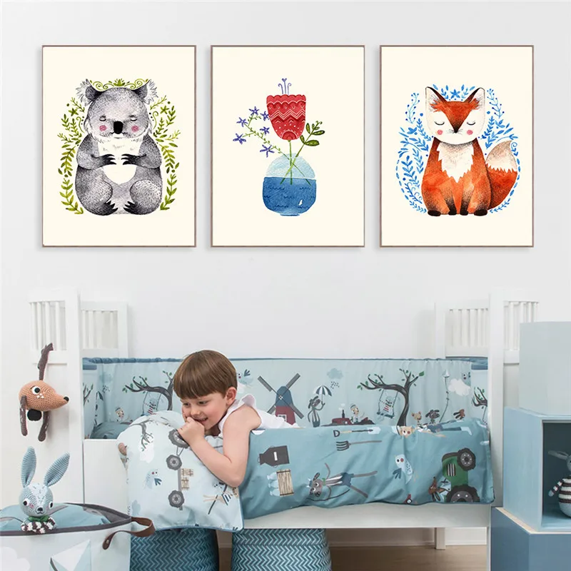 Nordic Стиль животные из мультфильмов лиса коала цветочный Wall art Холст Картина