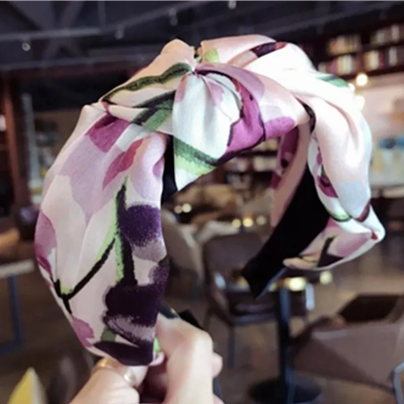 

Pink Wide Print Headband for Women Hair Accessories Bow Knotted Headband Girls Hairband Bohemian Headwear Hard Headband Flora