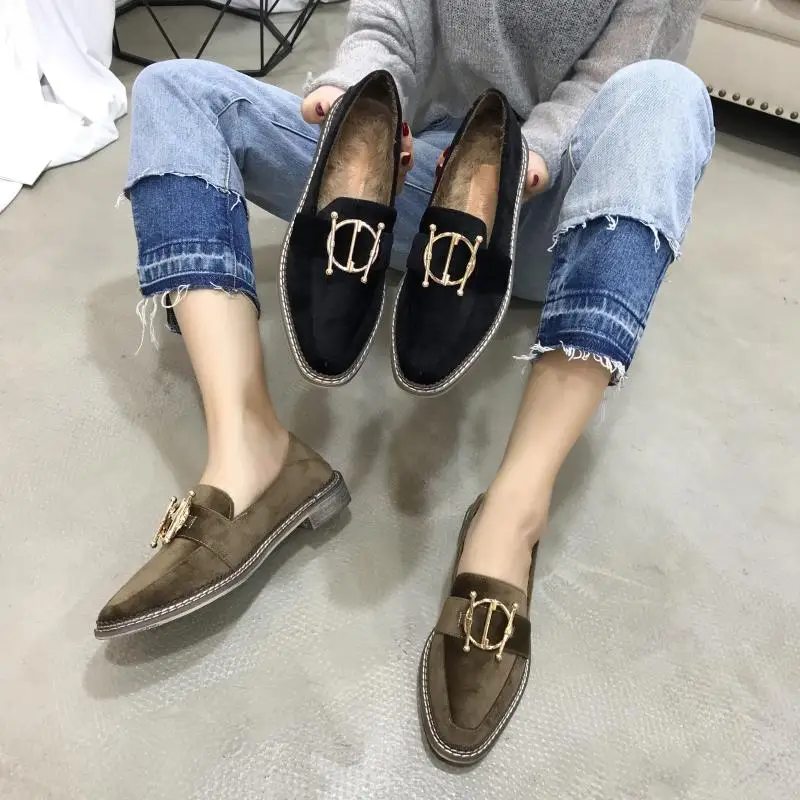 

Winter Rabbit Fur Loafers Women Shoes Metal decoration Slip on Oxford Low Heels Square toe Slides zapatos mujer brown black