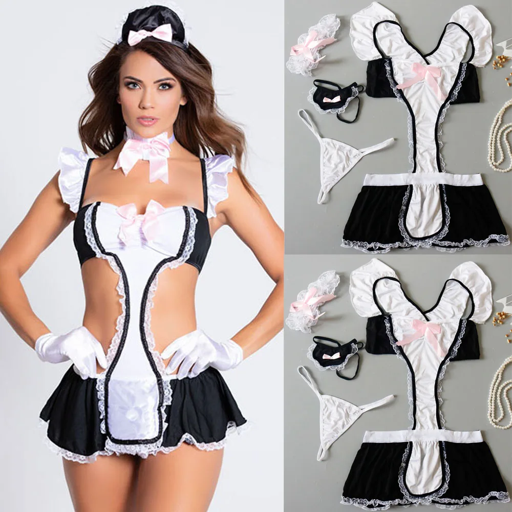 

New Style Exotic Maid Dress 4 Pieces Lady Sexy Lingerie Sleepwear G-string Dress Bow Babydoll Ruffles Short