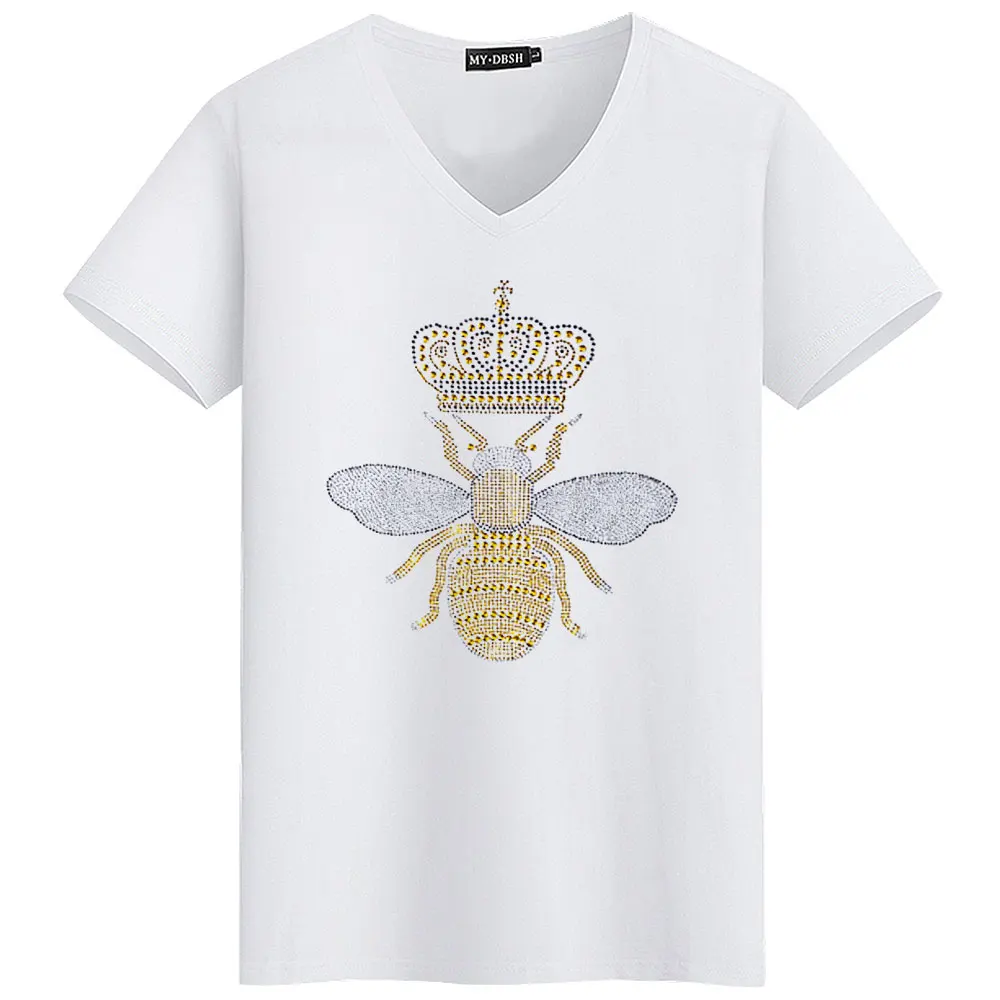 Ограниченное по времени предложение, Мужская футболка с круглым вырезом без роскошного дизайна с бриллиантами и коротким рукавом, хлопковые топы и футболки, футболка с короной, Пчелой и бриллиантами - Цвет: T008-V-White