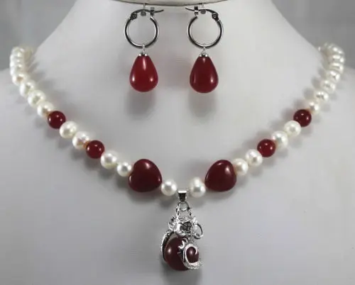 

Jewelry 001403 Fashion 8mm White&Red Pearl/Jade Necklace Earring Dragon Inlay Jewelry Set (A0423)