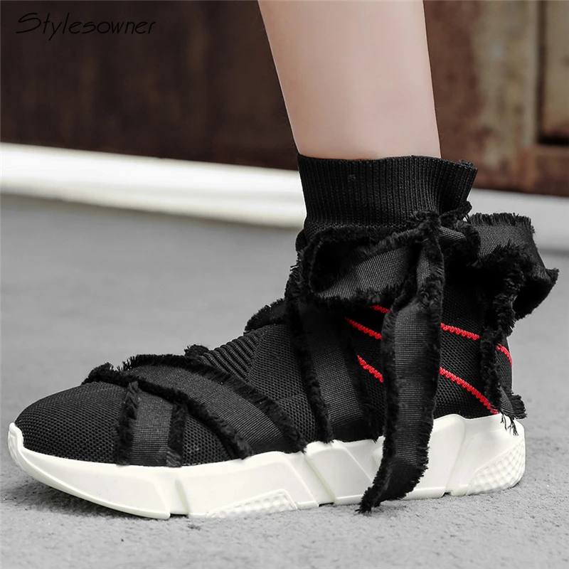 

Stylesowner Women Elastic Wool Knitting Sock Boots Breathable Casual Short Ankle Boots Platform Tennis Female Strap Girls Shoes