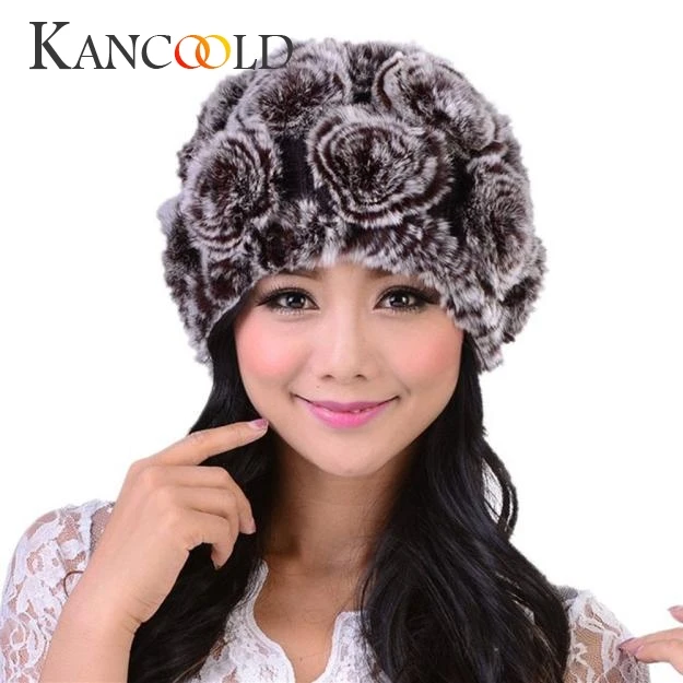 

Women Fashion Rabbit Fur Knit Hat Female Handmade Thermal Cap Winter Lady Elegant Rose Beanies Head Warm Skullies Headwear Dec26