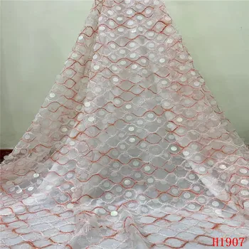 

2019 African Lace Fabric High quality With Pink sequins design white Nigerian Tulle Lace for wedding dress HJ1907-1