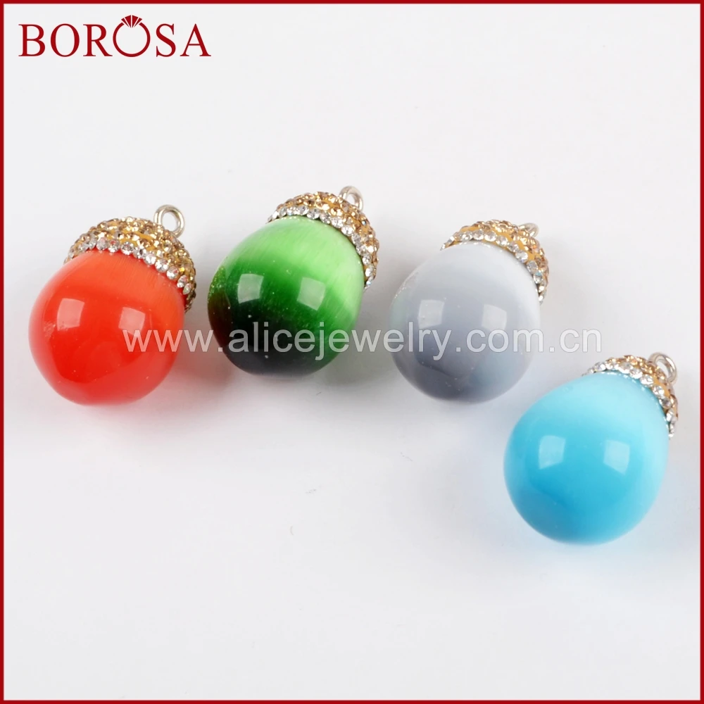 BOROSA Новая мода 15 шт Подвески-шармы с друзами, горный хрусталь Pave Drop Manmade кошачий глаз с золотыми цирконами Шарм модные ювелирные изделия JAB907