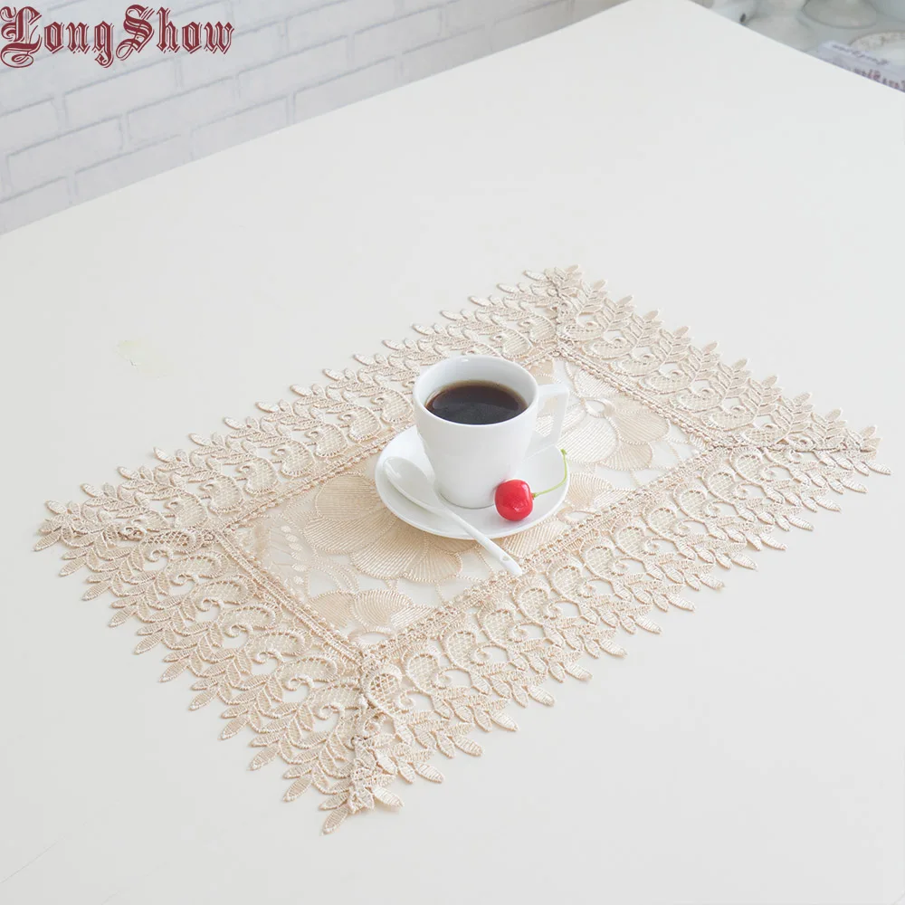 

1 Lot 4 pcs 30x45cm Organza Fabric Lotus Embroidered Place Mats With Wide Lace Trimmings