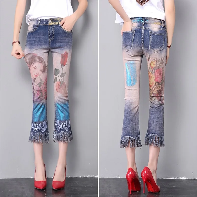 

Spring new bronzing beautiful sketch flared jeans pants female trousers Slim tassel flash jeans woman Casual Pencil pants
