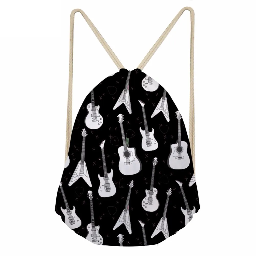 Fashion Music Notes Guitar Pattern Girls Boys Drawstring Bags Softback Large Sack Bags Casual Large Black