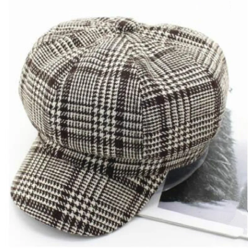 plaid coffee Которая в душе модная Вельветовая зимняя шапка с козырьком для женщин и мужчин вельветовые винтажные Плоские береты модная клетчатая маляр кепка газетчика - Цвет: plaid coffee