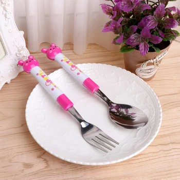 

Baby Love 2Pcs Cartoon Baby Safety Stainless Steel Spoon Fork Set Kids Feeding Tableware Convenient Drop Shipping Support