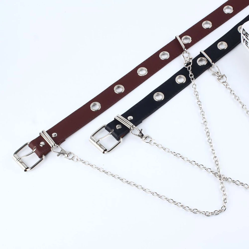 

Fashion Punk Chain Belts Adjustable Double Eyelet Grommet Leather Buckle Pants Belt New Cool Hip Hop PU Dress Waist Belts Chain