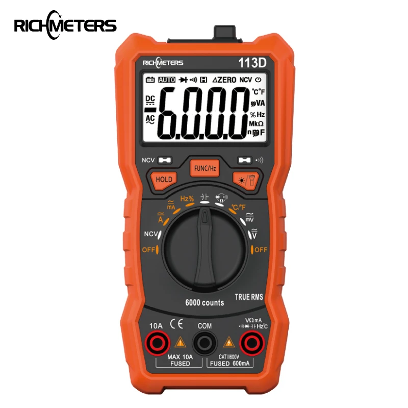 Цифровой мультиметр рихметров 113D NCV, 6000 отсчетов, Автоматический диапазон переменного/постоянного тока, измеритель напряжения, светильник-вспышка, задний светильник, большой экран 113A