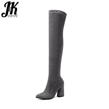 

JK 2018 Winter Latest Stretch Thigh High Boot for Woman Fashion Thick High Heels Shoes Lady Over Knee Boot Women Big Size