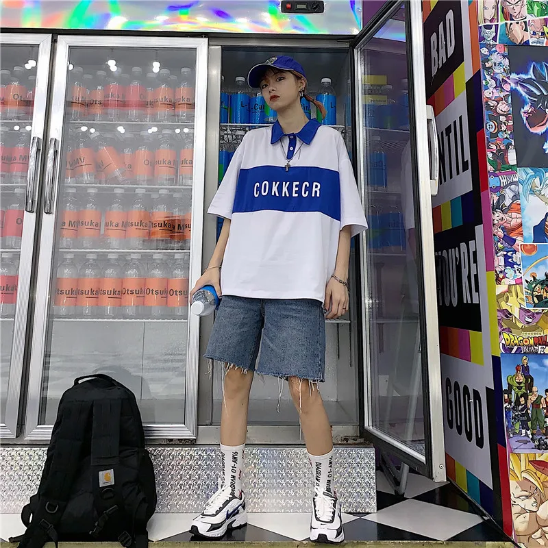 Футболки женские Harajuku BF ретро уличные печатные свободные корейский стиль женские летние с коротким рукавом воротник высокого качества мягкие
