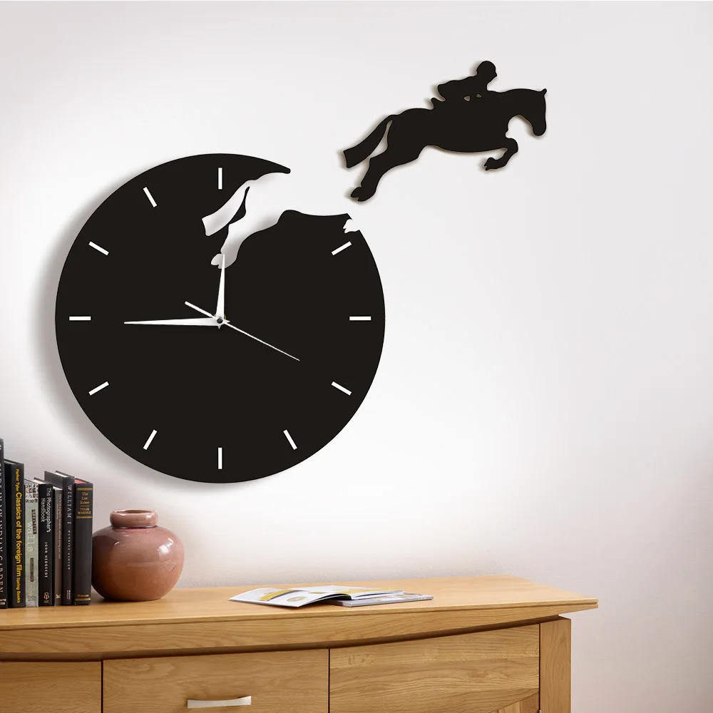 1Piece Horseriding Modern Design Horseman Jumping From Wall Clock Rider on Horseback Jumping