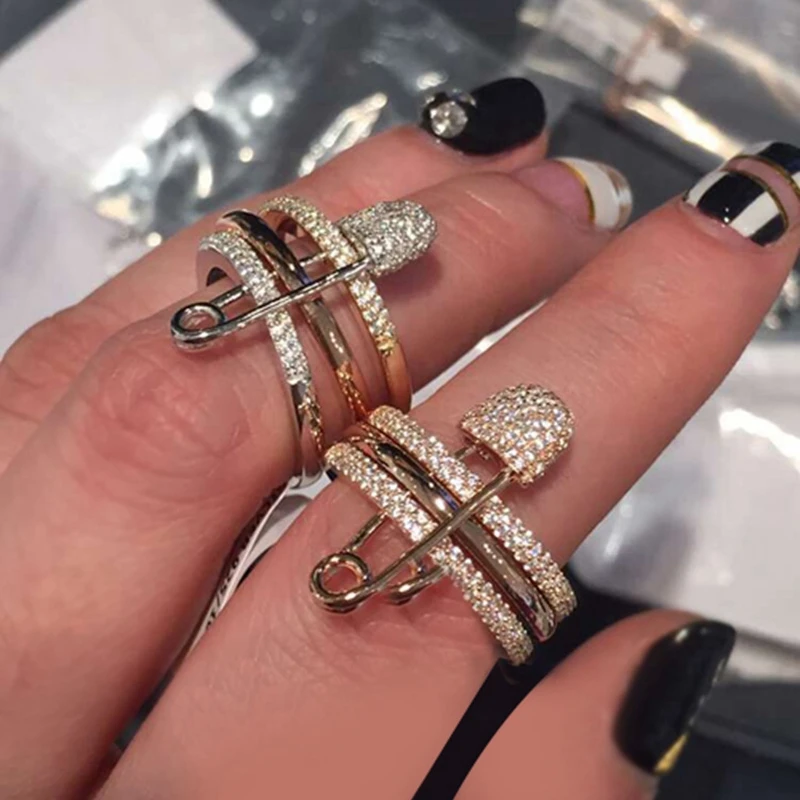 

Fashion AAA CZ Zircon Brooch Pin Stackable Finger Ring Gold AP Double Layers Pin Design Women Wedding jewelry