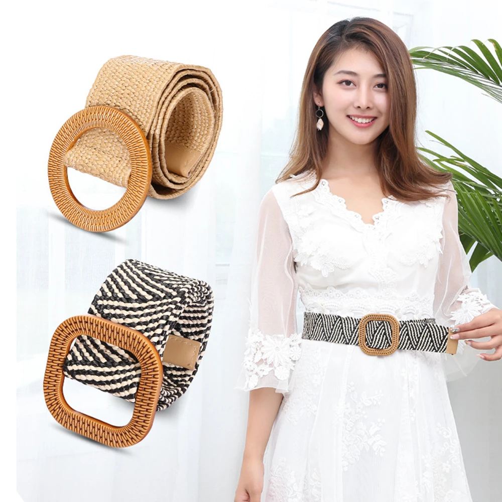 

Wooden Button Belt For Women Elastic Straw Belt for Dress Casual Female Dresses Long Shirt Skirts Slim Waist Belt Decor