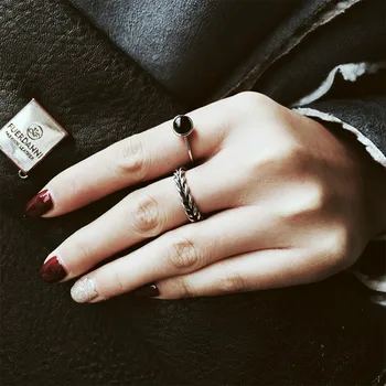 

S925 Sterling Silvery Black Natural Stone Opening Ring Female Retro Thai-silver Hemp Flowers Ornaments Trendsetter DZ05