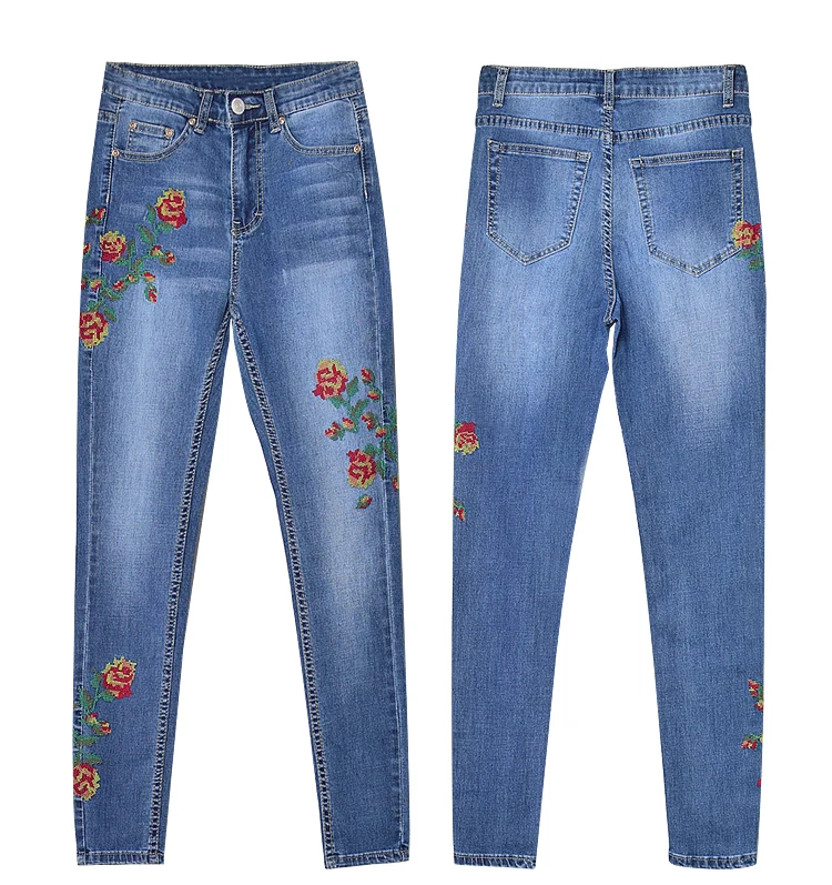 2017 European and American women's high waist elastic front and rear side of the cross embroidery roses washed cat to be cowboy pants pants pants (13)