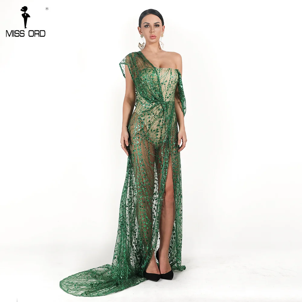 Missord 2019 Sexy Off Shoulder Irregular Neck Backless Dress Elegant See Through High Split Gliter Dress FT18674 19