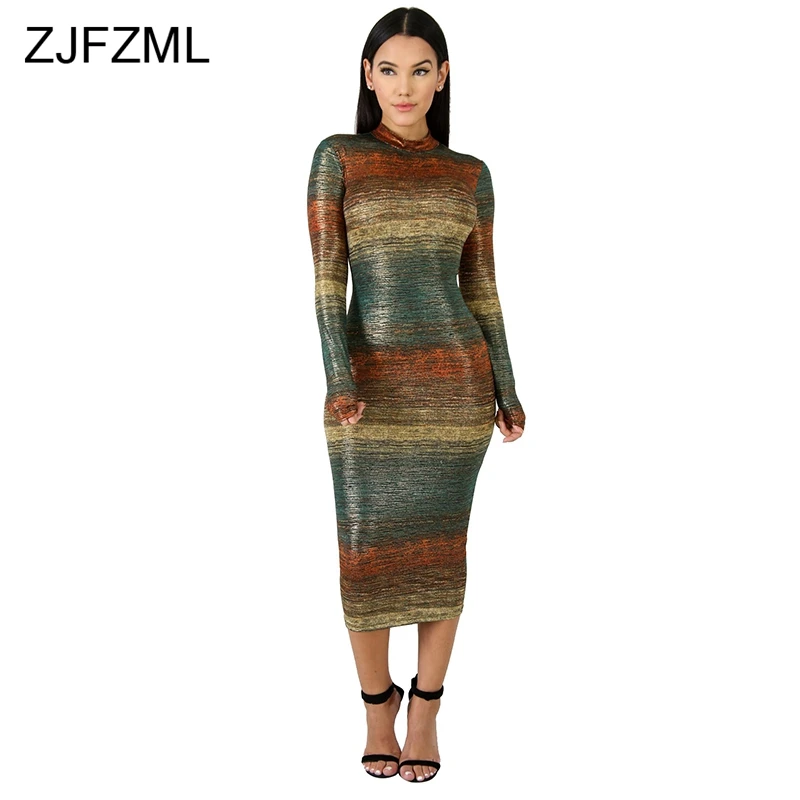 

ZJFZML Plus Size Elegant Bodycon Dress 2018 Women Full Sleeve Colorful Print Pacakge Hip Dress Autumn Stand Collar Bandage Dress