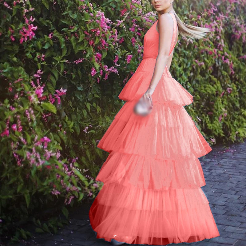 

Sexy Women Dress Ladies Pure Color Ruffles Summer Deep V Neck Fashion Wedding Sleeveless Bridesmaid Party Dress Elegant