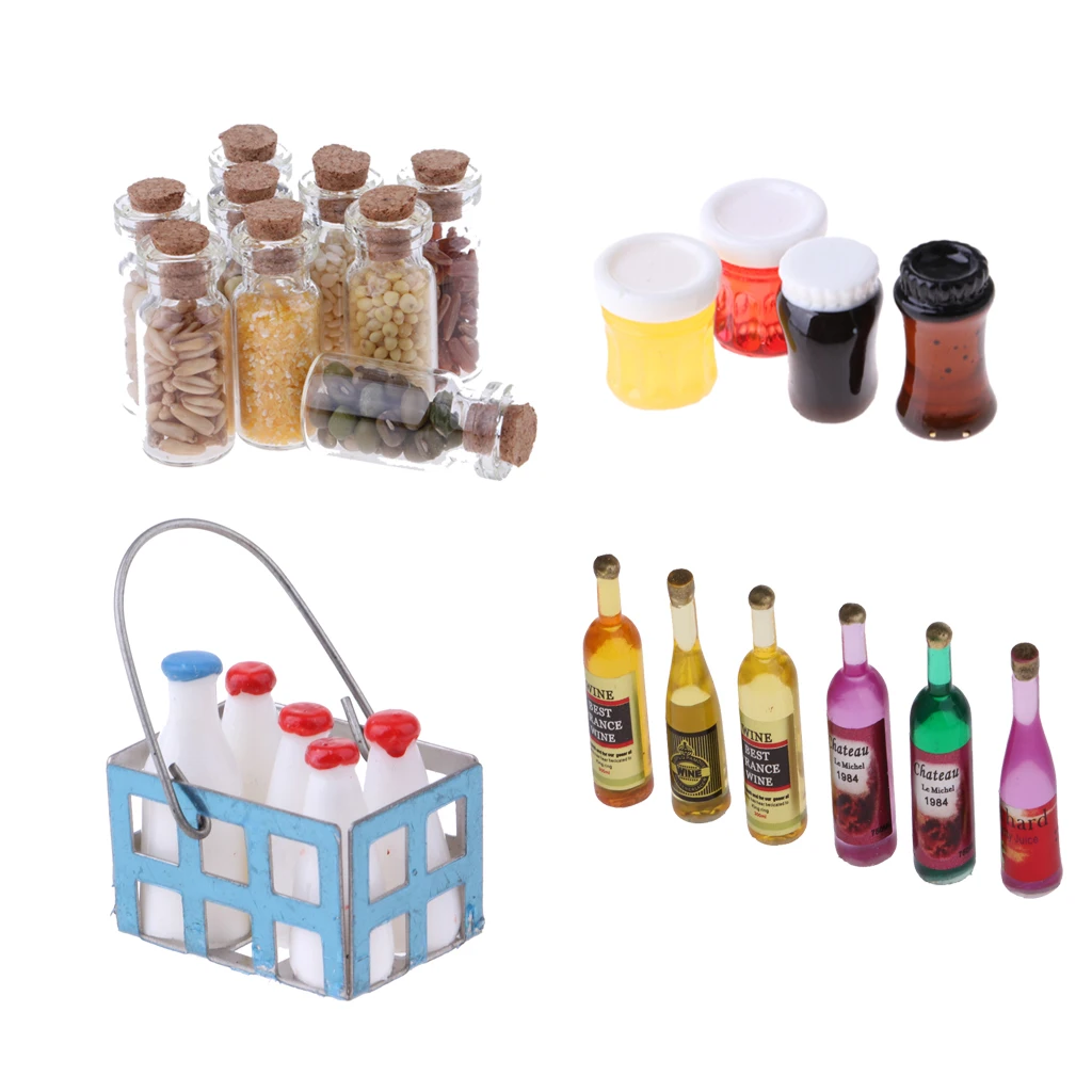 1/12 Dollhouse Foods Groceries Milk Basket Wine Bottles Glass Jar Room Items Accessory