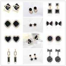 Минималистичные ювелирные изделия, черные серьги-гвоздики в форме звезды, сердца, геометрические Стразы с бантом для женщин, корейский стиль, модные простые серьги