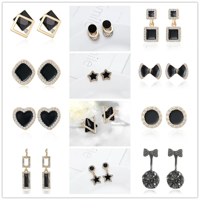 

Minimalist Jewelry Black Stud Star Love Heart Geometric Bowknot Rhinestone Earrings For Women Korean Style Fashion Simple Brinco