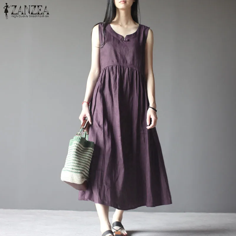 

2019 ZANZEA Elegant Pleated Baggy Dress Women's Sundress Vintage Linen Long Vestidos Female O Neck Sleeveless Casual Party Robe