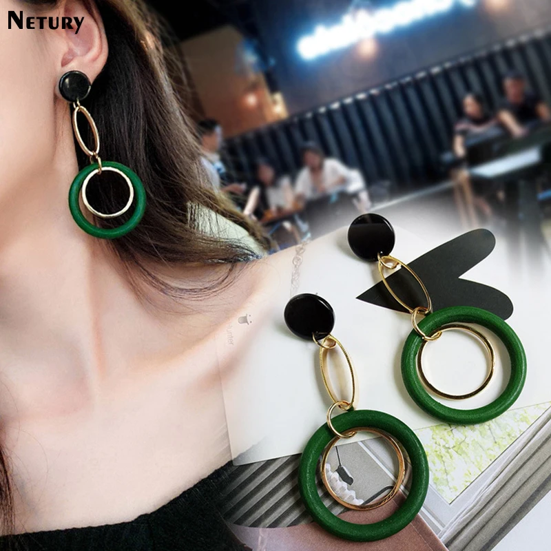 

New fashion Winding circles Women drop earrings wood Korea retro hyperbole dangle earrings College style wild street jewelry