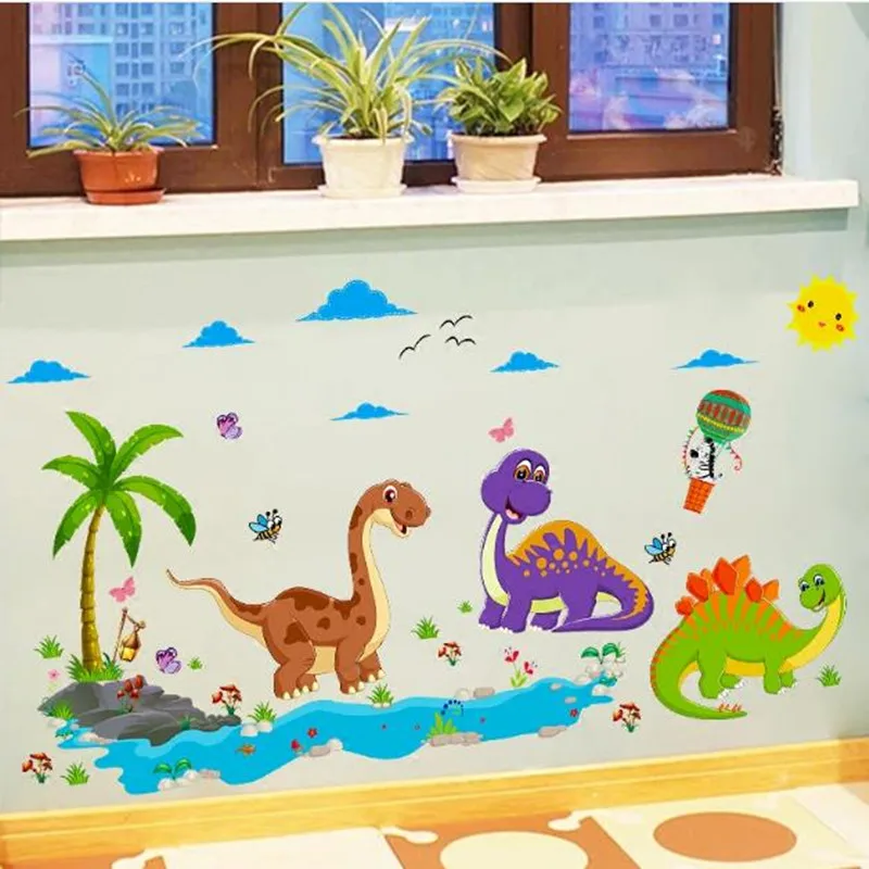 

Cartoon Dinosaur Wall Stickers Jungle Animals Dinosaurs Paradise Tree Clouds Decorative Wall Stickers for Kids Room Boys Like