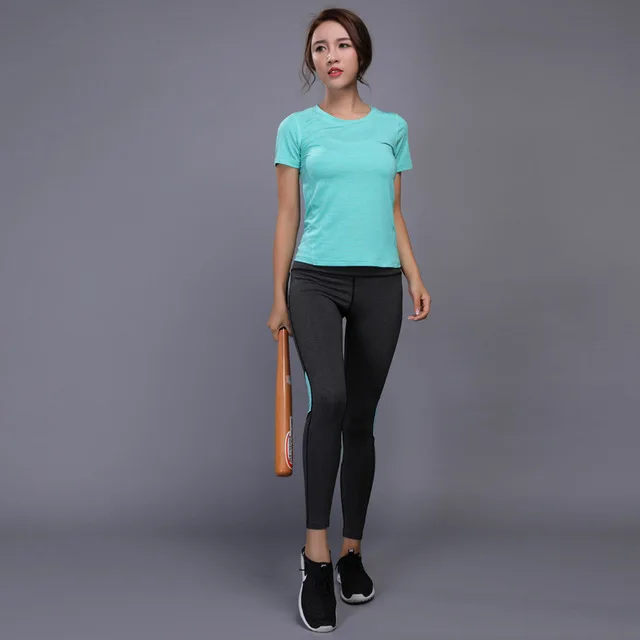 Женские компрессионные костюмы для бега, Спортивная женская одежда для занятий спортом, гимнастические леггинсы+ Женская одежда с коротким рукавом для йоги, комплекты для бега - Цвет: green