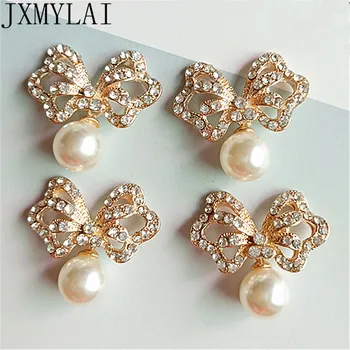 

10 PCS 32*30mm Fashion Metal Alloy KC Gold Crystal Rhinestone Pearl Bowknot Connectors Charm For Jewelry Making