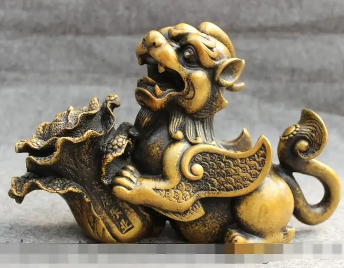 

S5112 10" Chinese Bronze Wealth Coin PiXiu Carry Cabbage RuYi Kylin Unicorn Statue