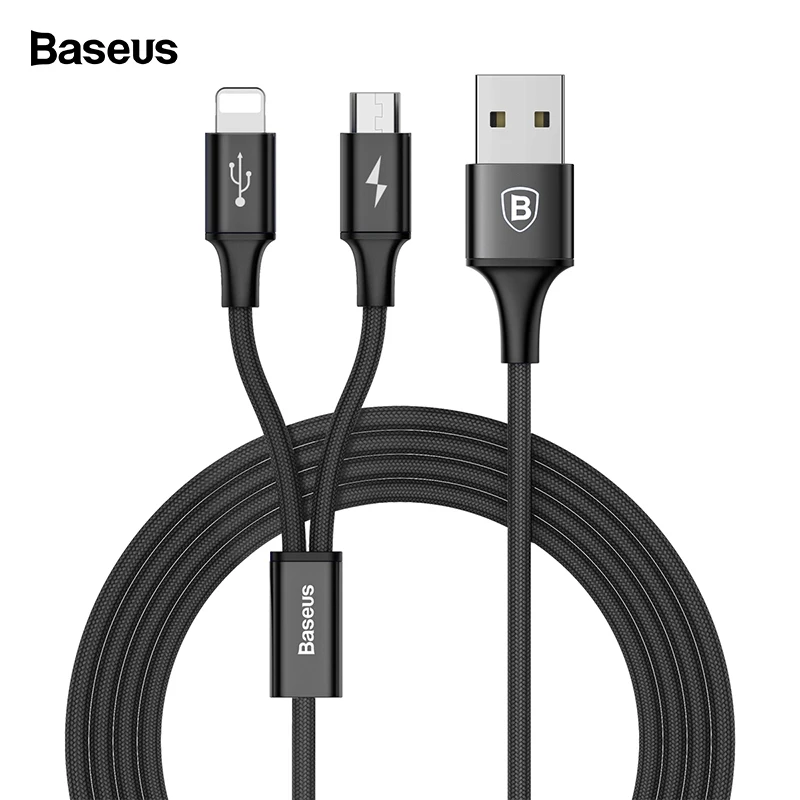 Baseus 2 in 1 USB Cable For iPhone Xs Max Xr X 8 7 6 Fast Charging Charger Micro USB Cable Android Mobile Phone Microusb Cable