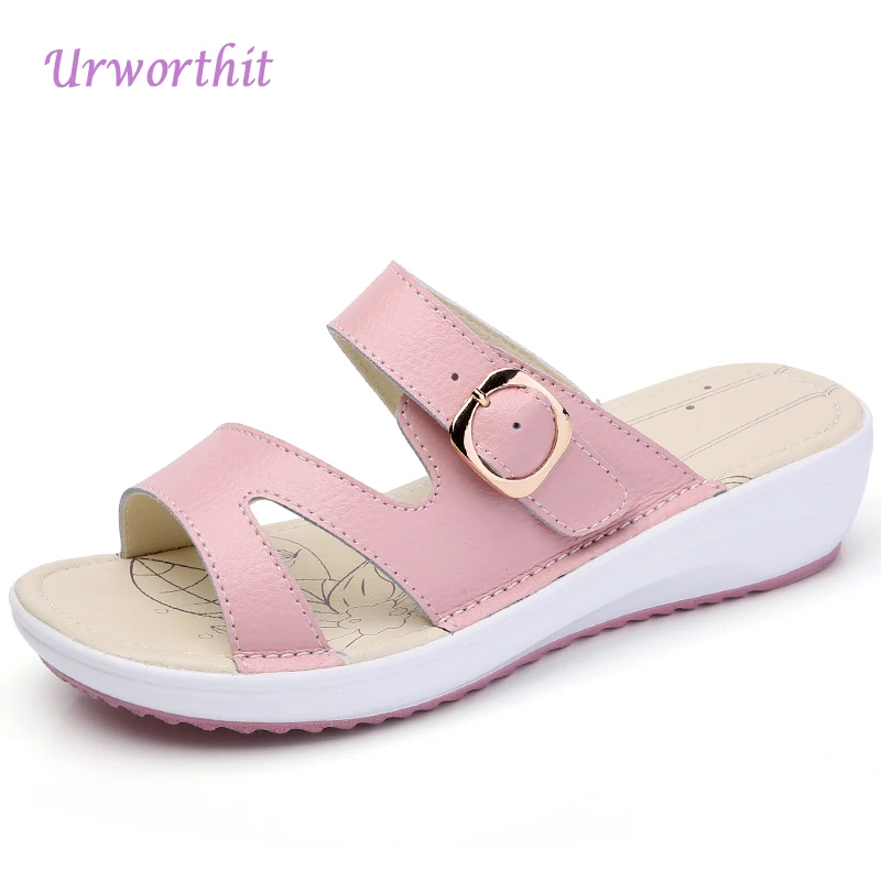 

2018 Women Summer Platform Wedges Slippers Clogs Shales Slides Female Soft Genuine Leather Shoes Lady Rubber Beach Clogs Sandals