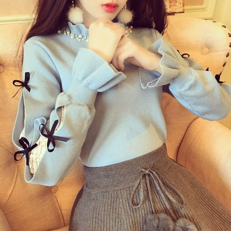 Japanese style sweet cute women off shoulder sweater slash V neck knitted ruffle sweaters pullovers high waisted ladies jumpers