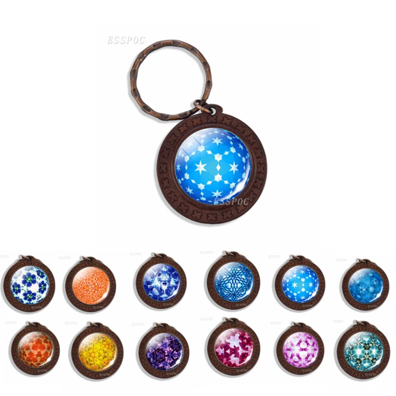 

Kaleidoscope Keychain Glass Dome Jewelry Wood Key Chain Art Vintage Wooden Bijoux Classical Style Keyring Accessories Gifts