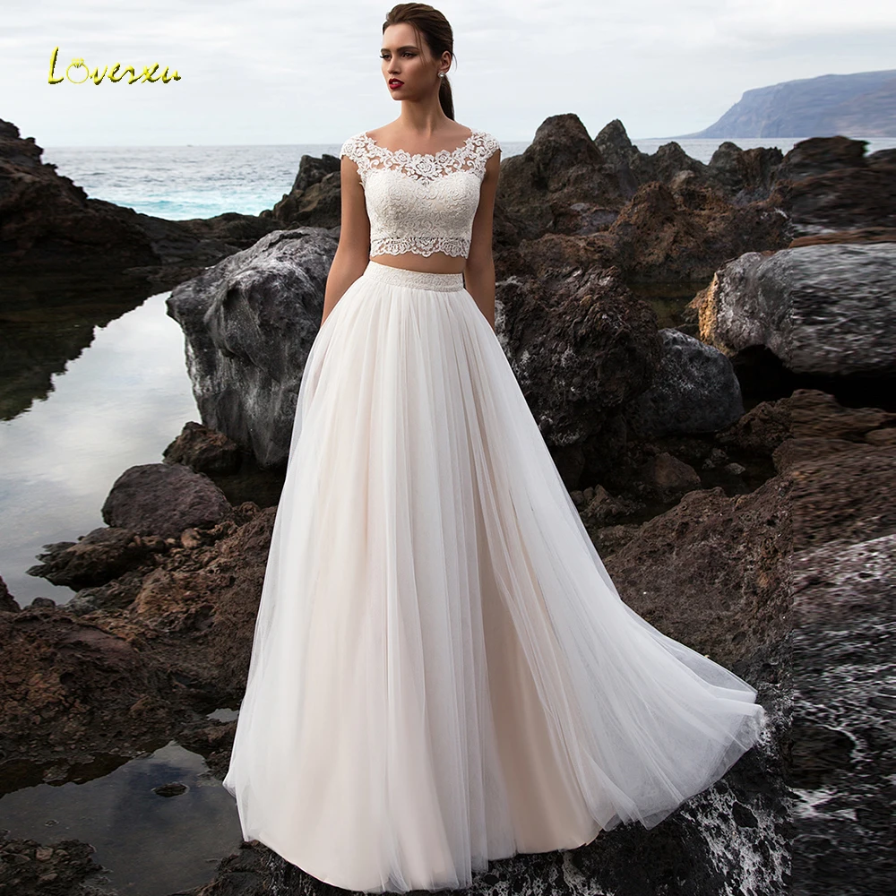 

Loverxu Scoop A Line Two Pieces Wedding Dresses 2019 Delicate Appliques Cap Sleeve Bride Dress Sweep Train Bridal Gown Plus Size