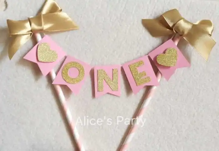 Happy birthday Cake Topper Banner Bunting Pink White Gold  Bows 