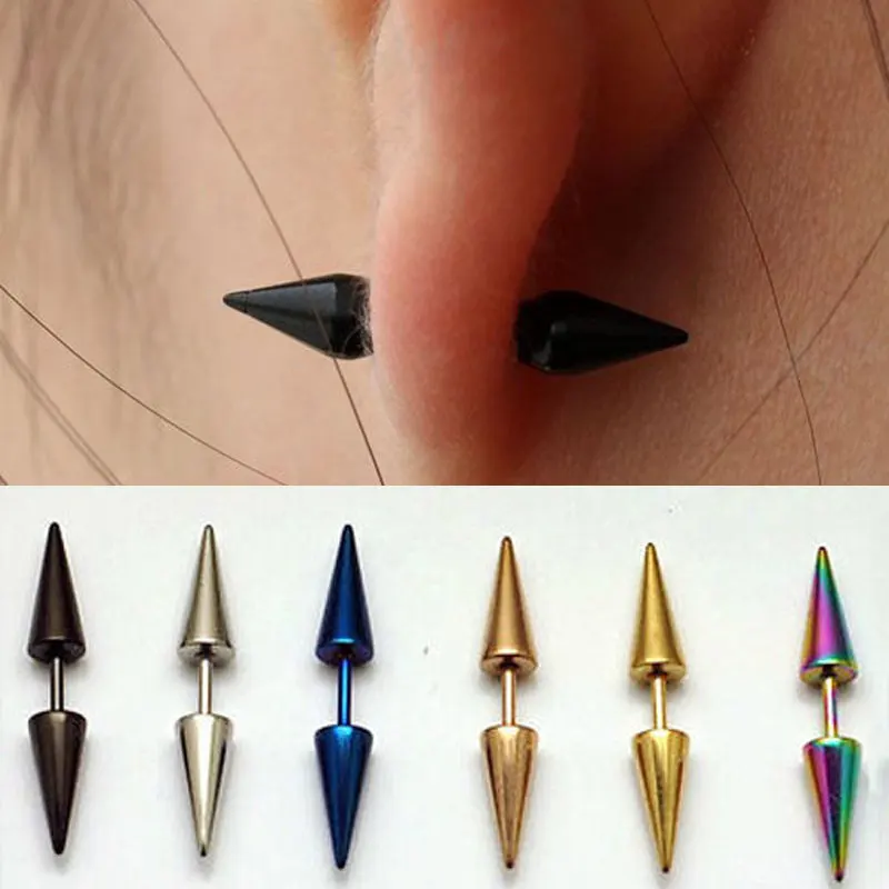 Two Colors Unisex Stainless Steel Punk Cone Spike Taper Earring Clip Drop