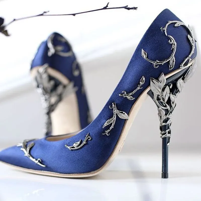 Sexy Lady Eden Pumps Hollow Metal High Heels Pumps Women Silk Wedding Shoes Ornate Filigree Leaf Pointed Toe Catwalk Stilettos