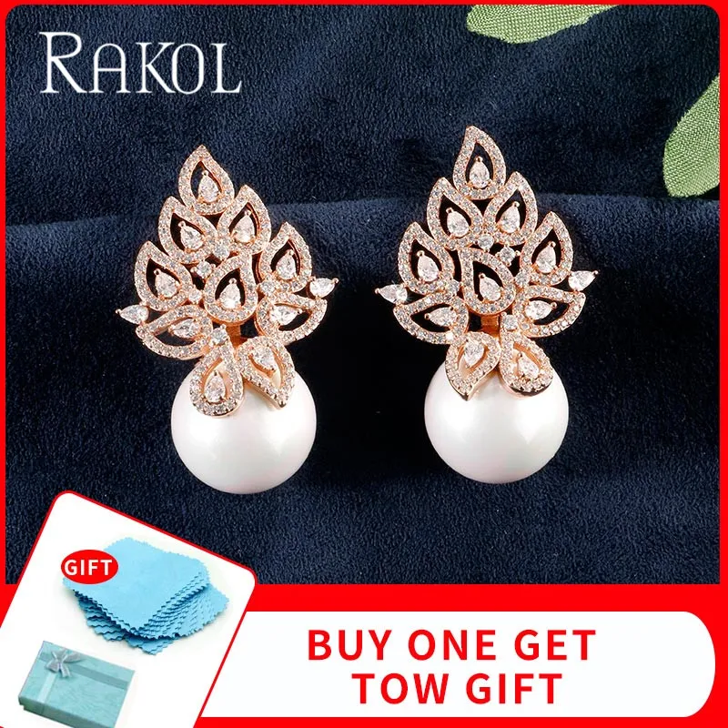 

RAKOL Imitation Pearl Leaf Collection Full Micro Cubic Zirconia Pave Women Bridal Engagement Earring Jewelry Addiction RE622905