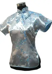 Светло-голубой мода лето китайский Для Женщин Атлас полиэстер рубашка Топ размеры s и m ujeres Camisa женский блузка цветок Размеры размеры s m l xl XXL
