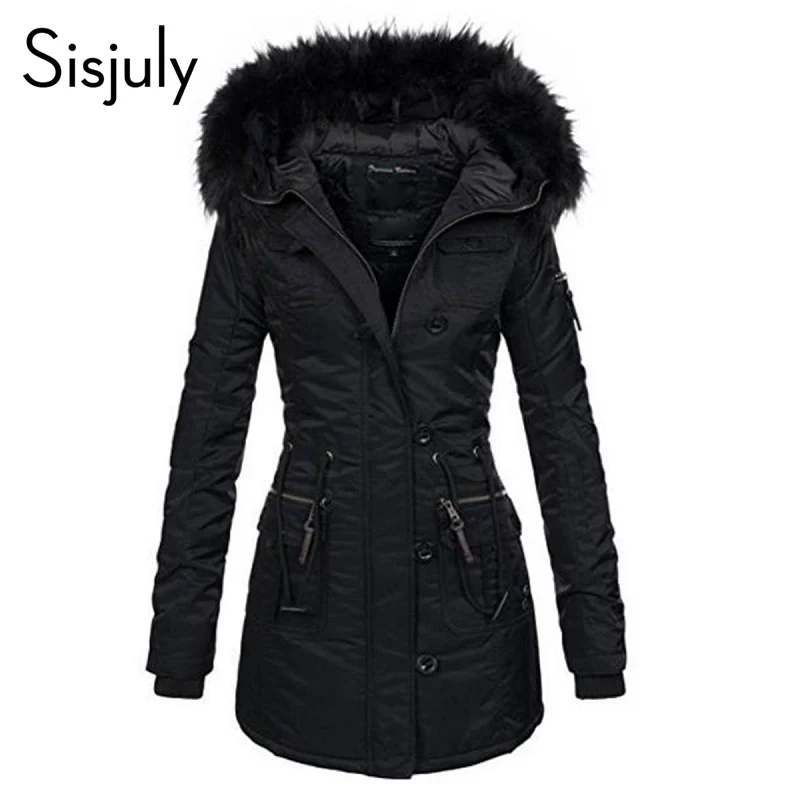 

Sisjuly Long Sleeve Black Hooded Women Trench Coat Thick Slim Pocket Winter Overcoat Warm Casual Button Female Coat With Fur