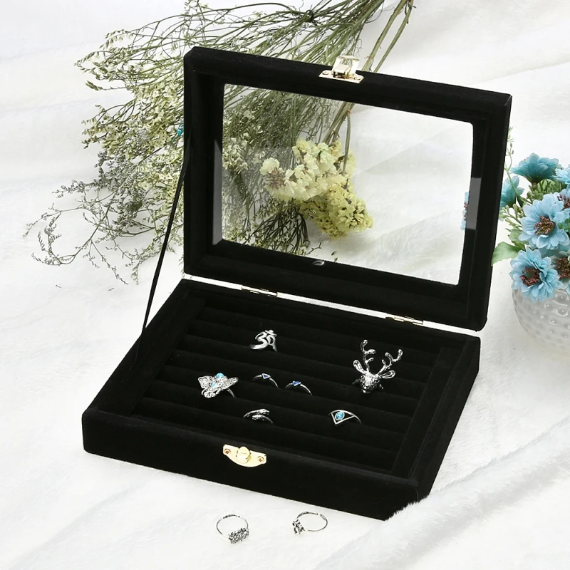 Fashion Ring Earrings Jewelry Box Display Storage Velvet Jewelry Case Casket Glass Cover Jewelry Organizer Holder Rack