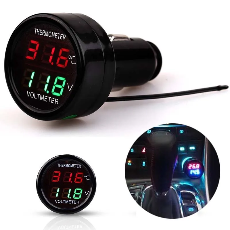 

2 In 1 DC 12V 24V LED Digital Display Waterproof Car Voltmeter Thermometer Temperature Meter Monitor Voltage Cigarette Lighter
